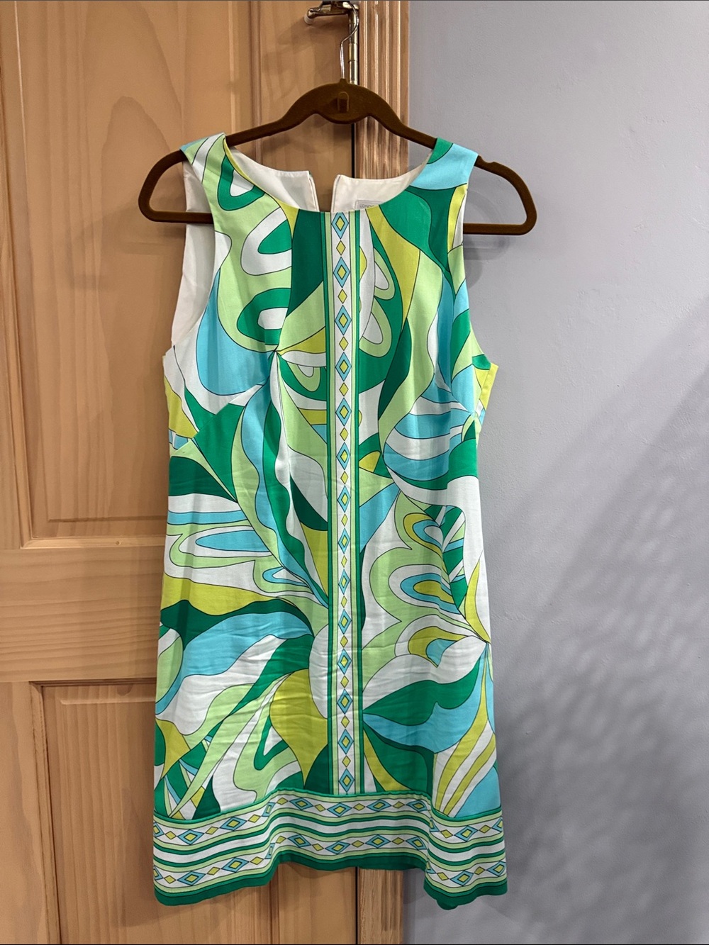 London Times Green Blue Abstract Print Sleeveless Sheath Dress Size 12